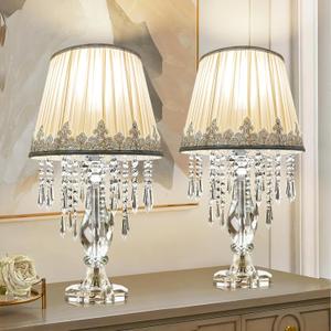 Siljoy Crystal Table Lamp Set of 2, Dimmable Bedside Lamp with Fabric Shades, Farmhouse Nightstand Lamps with K9 Crystal Strands for Living Room Bedroom 22.8 High