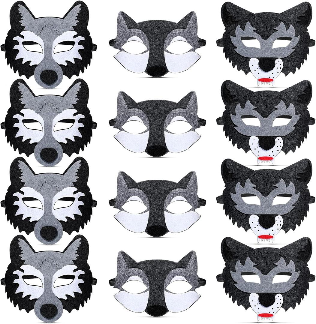 Minatee 12 Pcs Wolf Mask Costume Animal Mask Felt Half Face Mask Wolf Birthday Party Supplies for Halloween Masquerade Adult Dress up Anime Wild Animal Cosplay Accessory Wolf Party Decoration, 3 Style