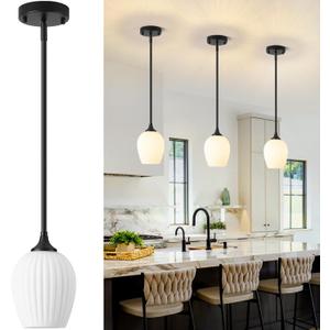 Milk Glass Pendant Lights Kitchen Island, 1-Light 5.8" Black Modern Pendant Light Fixtures with Rods, Mini Hanging Lighting for Kitchen Island Sink Bathroom Dining Room, E26 Base