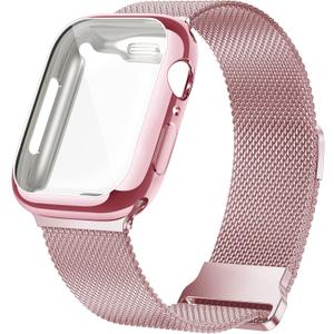 Geoumy Metal Magnetic Bands Compatible for Apple Watch Band 44mm with Case, Stainless Steel Milanese Mesh Loop Replacement Strap Compatible with iWatch Series 10-1 SE Women Men, Rose Rose Pink