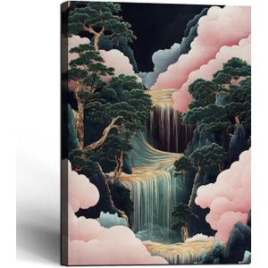 Framed Japanese Waterfall Landscape Picture Pink Clouds Wall Art Decor Canvas Print Nature Print Artwork Poster Gallery Bedroom Living Room Office 12x16 Inch Ready to Hang