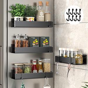 Alphyse Magnetic Spice Rack for Refrigerator, 11.8 Inch Adhesive Wall Mount Spice Rack, Strong Magnetic Shelf for Refrigerator, Space Saving Kitchen Organizer with 8 Removable Hooks (Black，2 Pack)