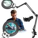 HITTI 12X Extra Long Magnifying Glass with Light, Upgrade Infinite Color and Brightness LED Desk Lamp with Clamp, Hands Free 3 Section Magnifier Light and Stand for Workbench Crafts Reading Painting