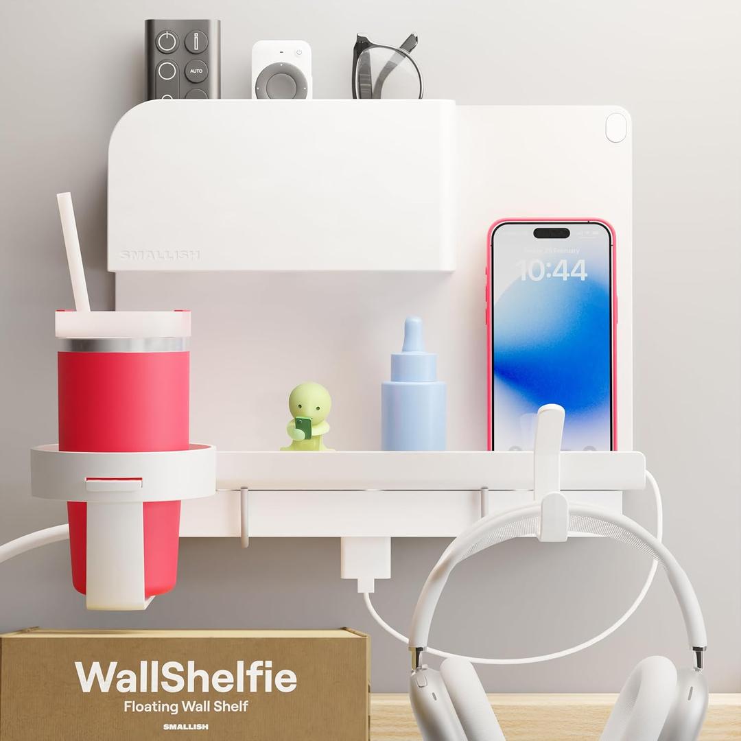 WallShelfie Bedside Wall Organizer & Dorm Decor - Dorm Room Essential, Floating Bedside Shelf Wall Mount Organizer, Remote Control Holder, Cool Teen Girls Trendy Stuff, Room Organization (White)
