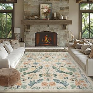 8x10 Area Rugs Washable Rug: Lagre Boho Living Room Rug Soft Anti-Skid Thin Carpet Indoor Floor Non-Shedding Neutral Floral Carpets for Bedroom Dining Room Farmhouse Nursery Beige