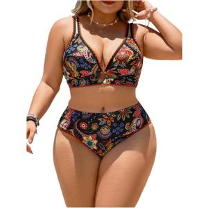 SweatyRocks Women's Plus Size 2 Piece Boho Printed Bikini Set High Waisted Bathing Suit Swimwear 3XL
