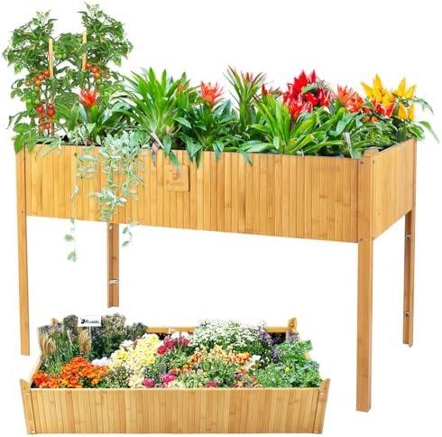FCVEIDO Raised Garden Bed - 2-Tier Elevated Planter Box for Herbs, Vegetables, Succulents & Flowers | 48x25x30 Inch Standing Growing Bed | Outdoor/Indoor Bamboo Planter