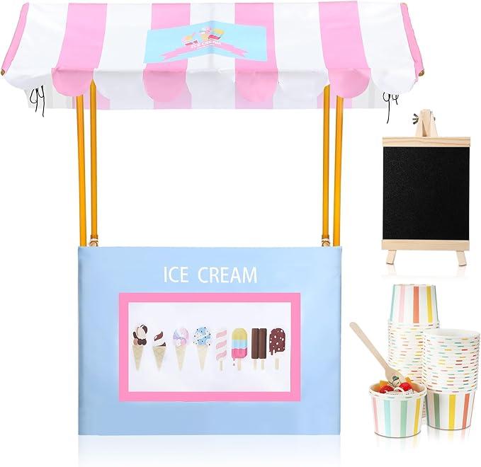 Newtay 52 Sets Ice Cream Stand Supplies Kit Include 47 ''x 51'' Ice Cream Stand Table Cover and 50 Pcs Disposable Cups Lids Straws Pitcher for Community Charity Activities Party