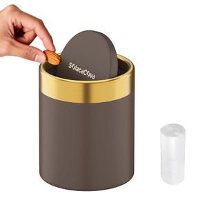 Countertop Trash Can with Lid for Desk Top,0.4 Gallon Stainless Steel Mini Trash Can for DeskCarOfficeKitchen,1.5L Swing Top Trash Bin with a Roll of Trash Bag(Brown)