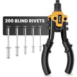 Rivet Gun, 1/4 Pop Rivet Gun Kit with 200 Blind Rivets, 5 Interchangeable Rivet Heads (3/32", 1/8", 5/32", 3/16", 1/4"), Heavy Duty Hand Riveter Tool for Metal, Gutter & Automotive (Yellow)