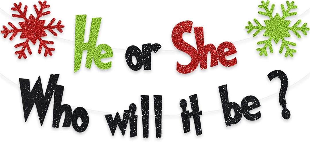 Christmas Baby Shower Banner He Or She Who Will It Be Gender Reveal Party Decoration Winter Snowflake Garland Ideas Red Green