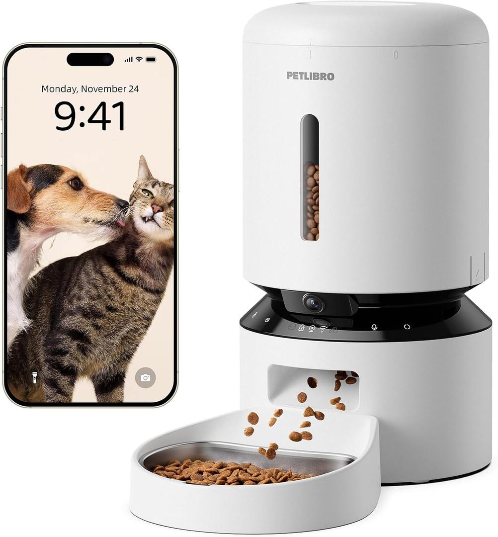 PETLIBRO Automatic Cat Feeder with Camera, 1080P HD Video with Night Vision, 5G WiFi Pet Feeder with 2-Way Audio, Low Food & Blockage Sensor, Motion & Sound Alerts for Cat & Dog Single Tray (White)
