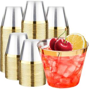 RACETOP 9 oz Clear Disposable Plastic Cups with Gold Rim [200 Pack], Gold Rimmed Plastic Cups Tumblers, Heavy-duty Party Glasses, Disposable Cups