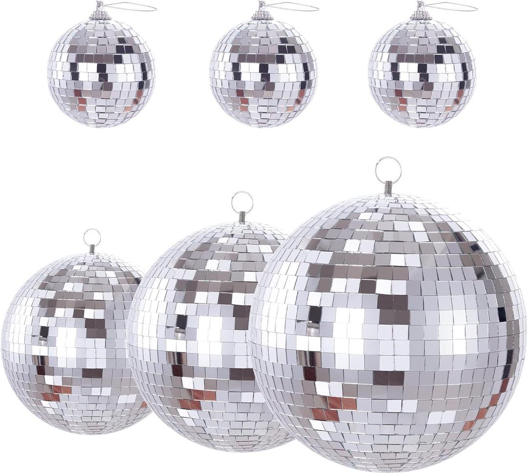 Silver Disco Ball 6 Pack Big Mirror Balls Decor Christmas Silver Hanging Party Disco Ornament for DJ Light Effect Stage Prop Xmas Party Home Decorations(3.2'', 6'', 8'',10'')