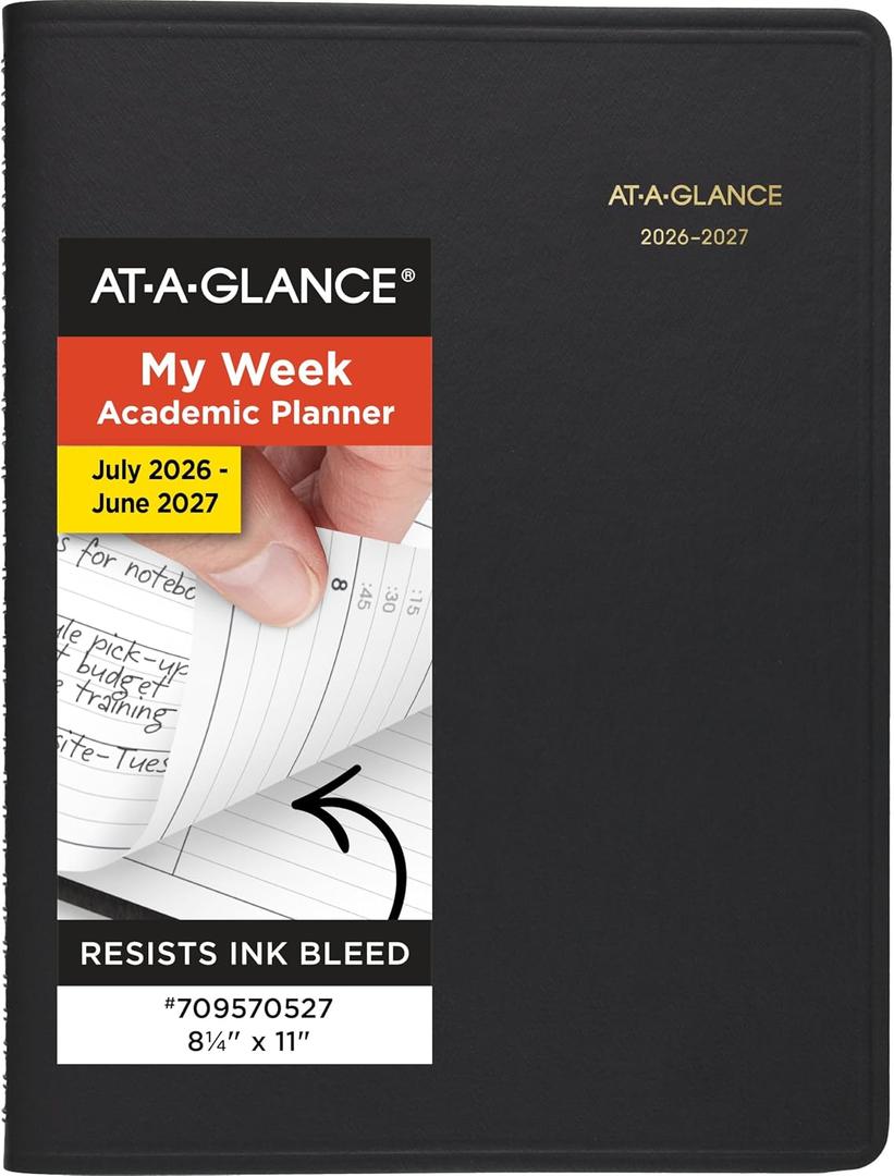 AT-A-GLANCE Planner 2026-2027 Weekly Academic 14-Month July-August, Quarter-Hourly Appointment Book, 8-1/4" x 11", Black (7095705)