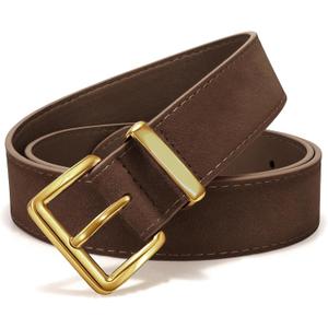 LEACOOLKEY Women Suede Belt for Jeans Dresses Fashion Elegant Ladies Suede Leather Belt with Gold Buckle, Fit Waist Size 28"-32"