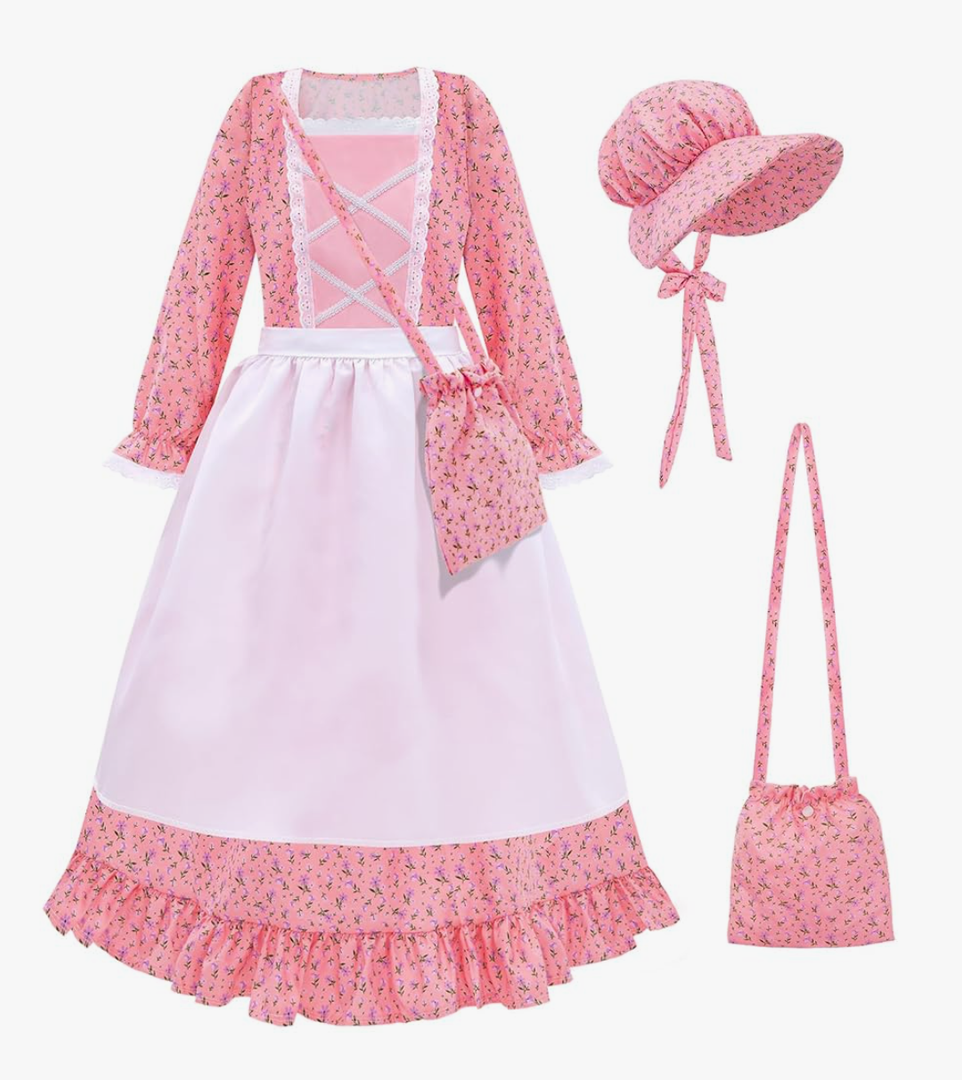 Meland Pioneer Dress for Girls - Colonial Floral Costume with Bonnet, Apron & Purse, Pionner Outfit for Girls, Size Large