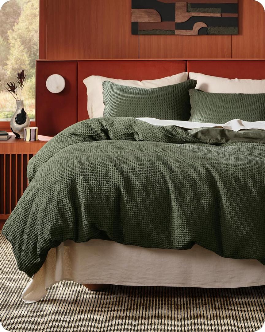 Bedsure Cotton Duvet Cover King - 100% Cotton Waffle Weave Olive Green Duvet Cover King Size, PureWoven Breathable Bedding Set for All Season, 3 Pieces, 104"x90"
