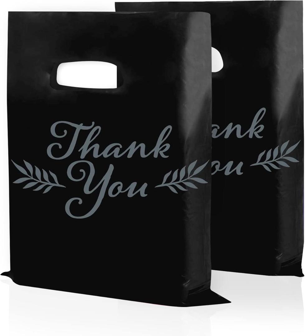 Houseables Thank You Bags, Merchandise Bags, With Handles, Plastic, For Shopping, Retail, Gift, Small Business, Boutique, Store, Customers, Product, Vendor, Events, Holiday, Black, 12x15, Bulk 100PK
