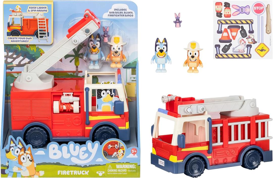 Bluey Firetruck Toy Playset with Firefighter Bingo, Bluey & Bob Bilby, Toddler Fire Truck w/ Spinning Ladder, Water Hoses for Kids Ages 3+