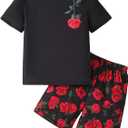 Boy's 2 Piece Outfits Floral Print Short Sleeve Crewneck T Shirt and Shorts Set Summer Outfits (12Y, Red and Black)