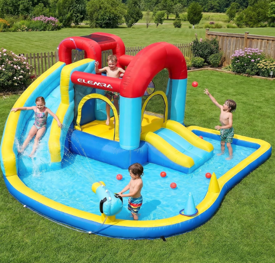 Inflatable Water Slide, 9 in 1 Kids Bounce House with 2 Slides, Pool&Trampoline, Fun Dart Game&Ring-toss Game, Climbing Walls, Bounce House with Blower for Outdoor Indoor, 108.3*106.3*56.3in