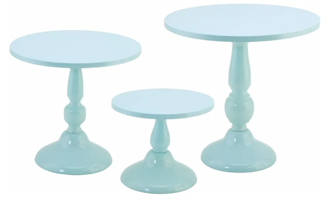 QENUIITEA Set of 3 Blue Cake Stands, Metal Round Cake Holder Dessert Pie Pizza Display Stand 8" 10" 12" Serving Tray Decoration for Wedding Celebration Party Birthday Baby Shower
