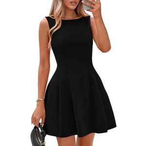 IWD Summer Dresses for Women 2026 Elegant Classy Sleeveless Boat Neck A Line Business Casual Cocktail Party Mini Dress (Black, Large)