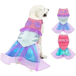 Mermaid Dog Halloween Costume for Small & Medium Dogs - Sparkly Puppy Cosplay Clothes for Christmas & Birthday Parties, S, Set of 2