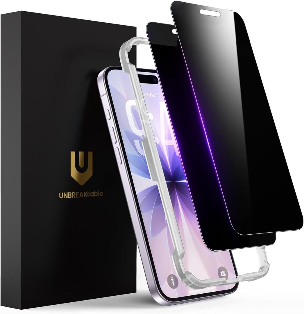 UNBREAKcable Privacy Screen Protector for iPhone 17, Full Coverage Shatterproof Tempered Glass [True 28Anti Spy] [9H Hardness] [Easy Installation Frame] 2-Pack Private Screen for iPhone 17