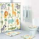 Britimes 4 Piece Shower Curtain Sets, Safari Kids Animals Cute with Non-Slip Rugs, Toilet Lid Cover and Bath Mat, for Bathroom Decor Set, 72" x 72"