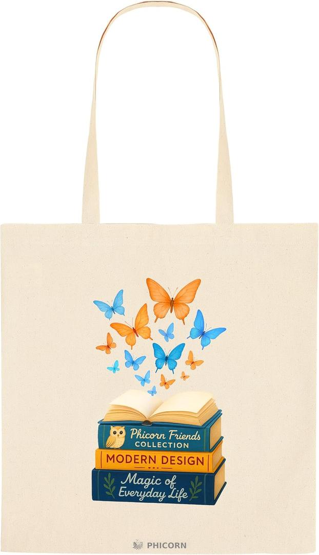 Phicorn Book Lover Canvas Tote Bags, 15 x 16 in, Printed Designs | Book-inspired printed designs for teachers, readers, book lovers, gifts, and everyday carrying