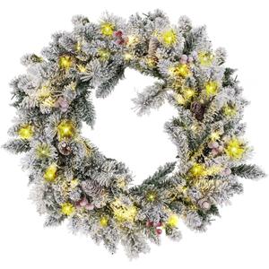 NALONE 24 Inch Snow Flocked Christmas Wreath, Pre-Lit Artificial Christmas Wreaths with 40 LED Lights&Timer, Pine Cones and Red Berries, Xmas Wreath for Front Door Decoration (Snow Flocked)