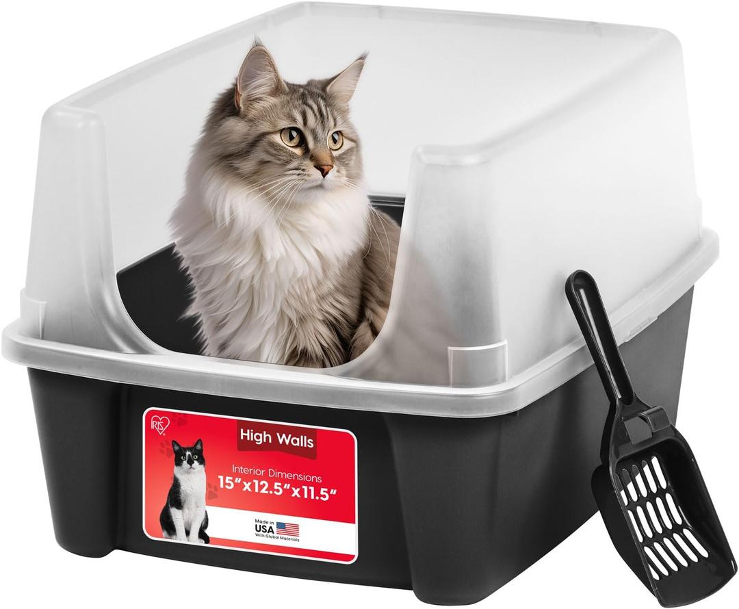 IRIS USA High Sided Cat Litter Box, Large, Scatter Shield, Black