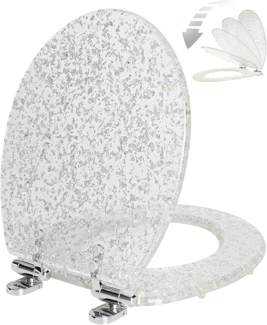 Resin Toilet Seat Round with Easy Clean Adjustable Hinges, Soft Close Quick Release Heavy Duty Silver Glitter Cover Acrylic Toilet Seats (Round 17 Inch, Silver Foil, Upgraded hinge)