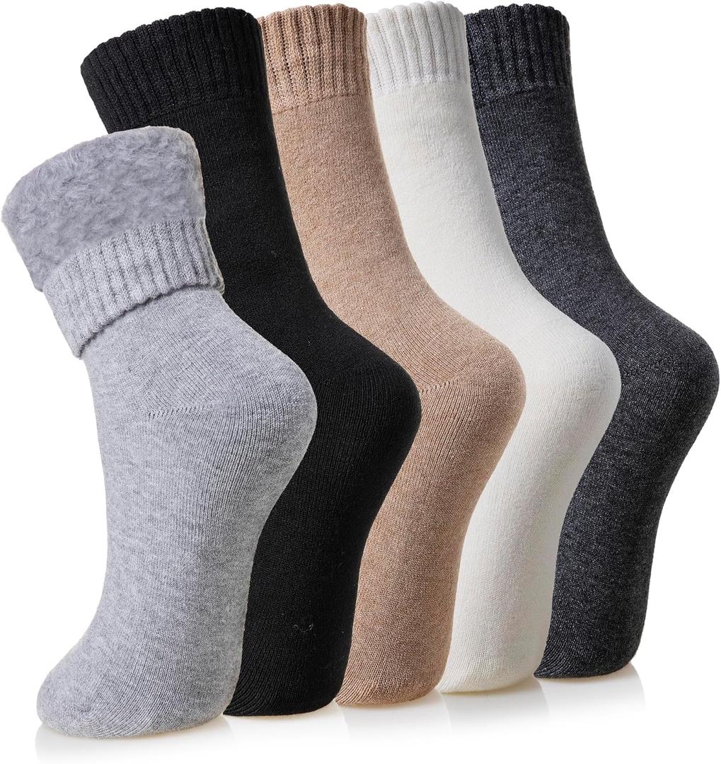 Velice Winter Warm Thermal Socks for Women Extra Thick Insulated Heated Crew Boot Socks for Cold Weather 5 Pairs (One Size, Solid Color)