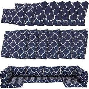 14 Piece Outdoor Patio Cushion Cover Replacement, Waterproof Patio Cushion Covers, Outdoor Furniture Cushion Covers Set for 6 Seat Wicker Rattan Sofa (Blue Grid)