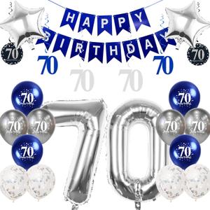 2 x Silver 70th Birthday Decorations Kit with 32in Number Foil Balloons, Swirl Decorations, Happy Birthday Banner & Star Foil Balloons for Milestone Celebration