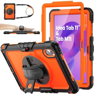 SEYMAC stock Tablet Case for Lenovo Idea Tab 11'' / M11 (TB336FU/TB330FU) 11 inch Drop-Proof Protection Cover with 360 Rotate Stand & Strap [Pen Holder] & Screen Protector 2025/2024, Orange+Black