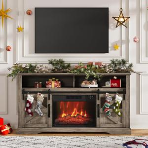 Fireplace TV Stand for Television up to 65+ Inch,Farmhouse Entertainment Center w/ 23'' Electric Fireplace, Large Storage Tv Console Stand with Sliding Barn Door & Adjustable Shelf -Gray