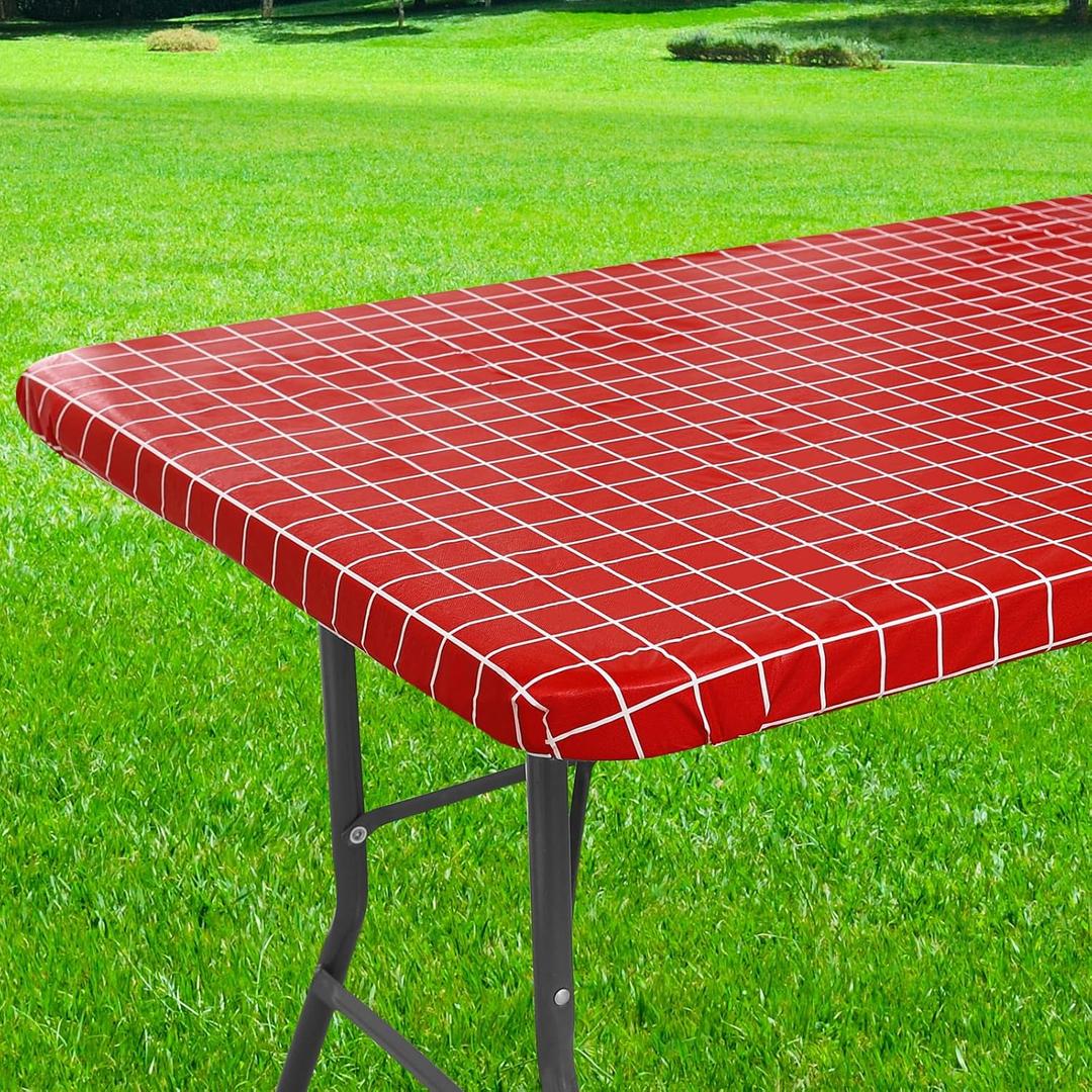 Rectangle Vinyl Table Cloth 30x72, Waterproof Elastic Fitted Tablecloth with Flannel Backing, Plastic Table Cover for Picnic, Camping, Outdoor, Red