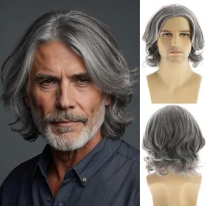 Mens Grey Wig Short Wavy Bob Wig Synthetic Cosplay Party Replacement Hair Wig