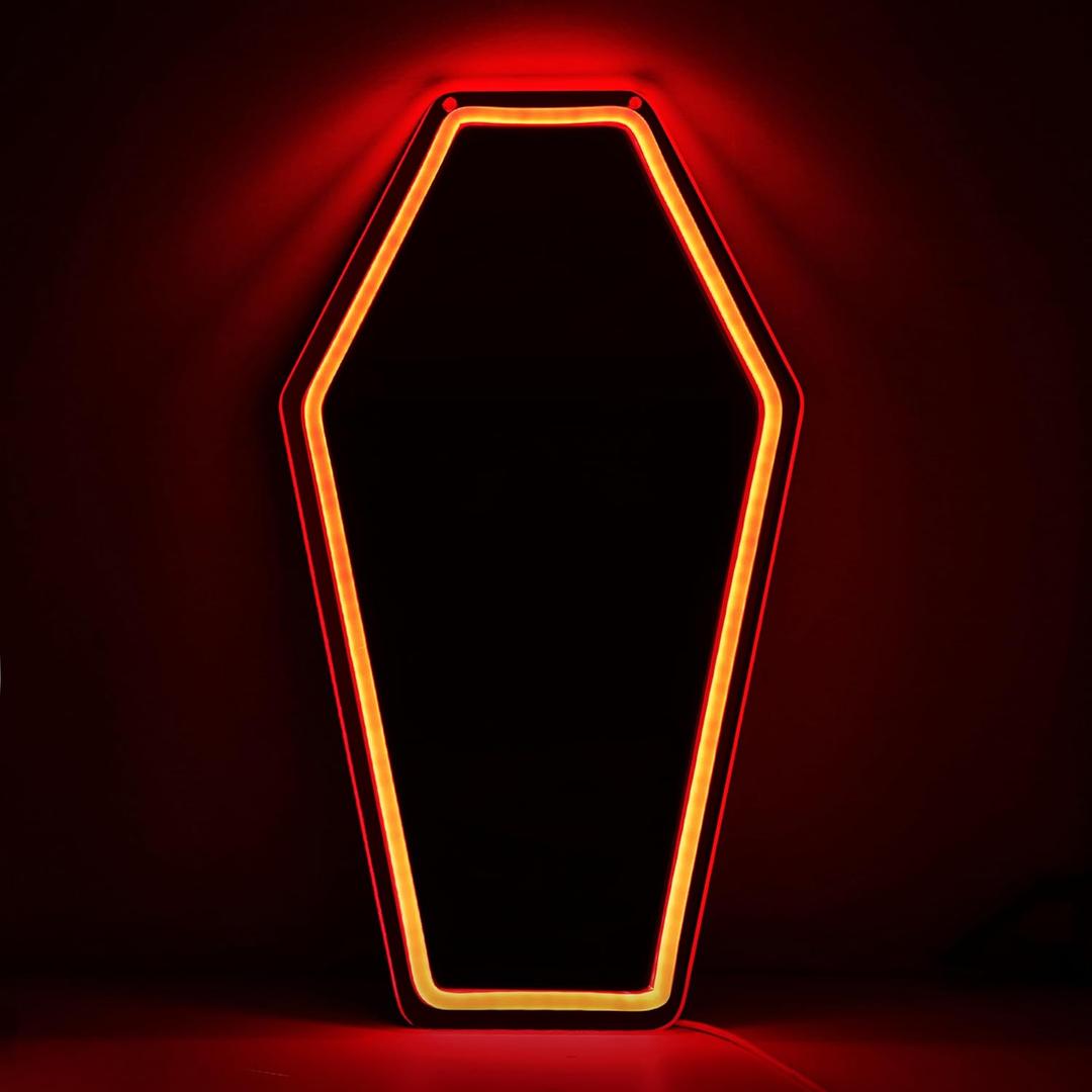 Kavaas Neon Coffin Mirror 16.9" x 9.6", Gothic LED Light Mirror Sign for Gothic Room Decor, Living Room, Bedroom, Bar  Best Gifts for Goth Lovers, Halloween Neon Signs Wall Art, Christmas