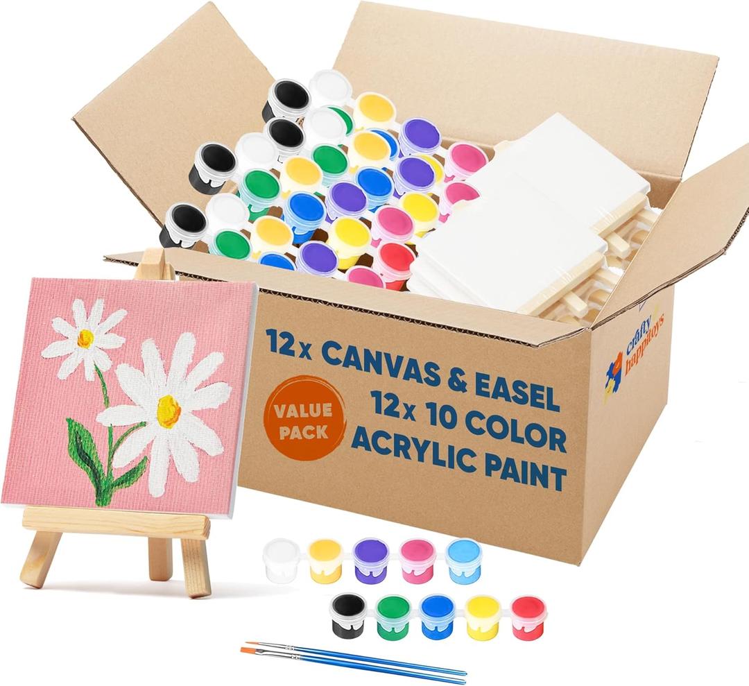 CRAFTY HAPPITOYS Mini Canvas and Easel Set with 10 Colors Acrylic Paint in Bulk Set of 12 - Kids Art Party Favors & Party Supplies - 4x4 Small Canvases for Painting with Mini Easel - Paint for Kids (Multicolor)