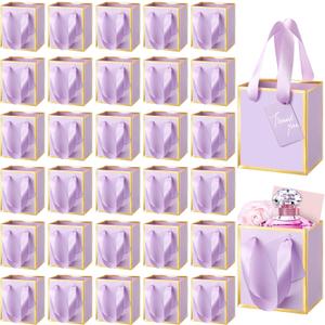 Yeaqee 50 Pcs Mini Metallic Paper Gift Bags with Handles 4x2.75x4.5'' Tiny Small Gift Bags with Thank You Tag for Wedding Graduation Birthday Party Return Gifts Jewelry Business (Lavender,Gold)