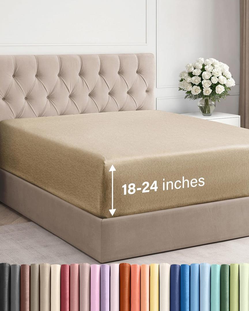 Extra Deep King Fitted Sheet - Hotel Luxury Single Fitted Sheet Only - Easily Fits 18 inch to 24 inch Mattress - Ultra Soft, Wrinkle Free with Extra Deep Pockets - Breathable & Comfy - Heathered Tan