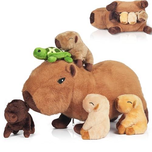 5 in 1 Capybara Plush, 14.2" Capybara Stuffed Animal with Babies Inside, Mommy Stuffed Capybara Plushies Pillow Toys with 4 Baby Capibaras Peluches for Kids Christmas Birthday Gifts Party Favors