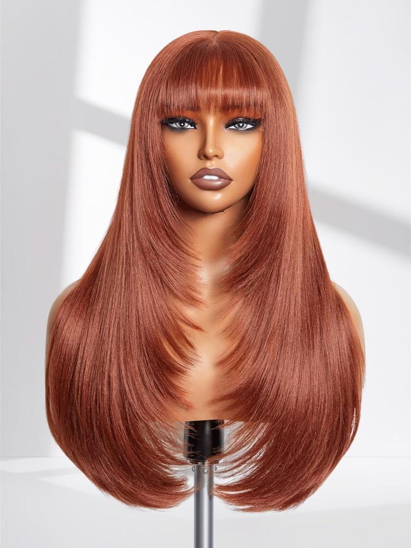 GORGIUS Copper Red Wig with Bangs 24 Inch Long Straight Layered Wig Glueless Curtain Bang Wigs with Realistic Lace Scalp Put On & Go Bangs Wig For Beginner