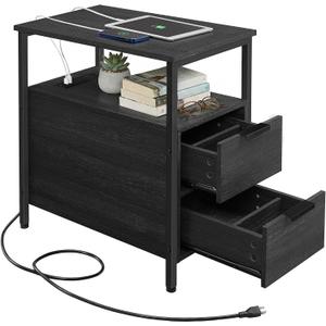 VASAGLE Side End Table with Charging Station, Slim Nightstand with Storage, 23.6"D x 11.8"W