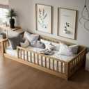 Twin Size Montessori Toddler Floor Bed with Wood Slats for Girls and Boys, Wood Montessori Bed Frame with Safety Guardrails, No Box Spring Needed, Natural